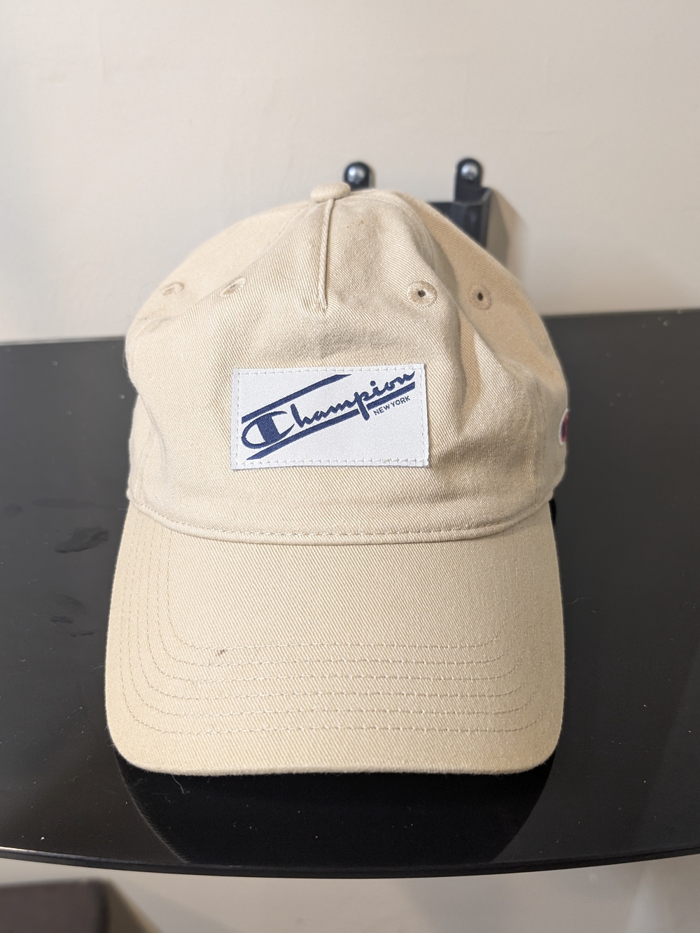 Champion Tan Canvas Baseball Cap with Navy Logo Patch